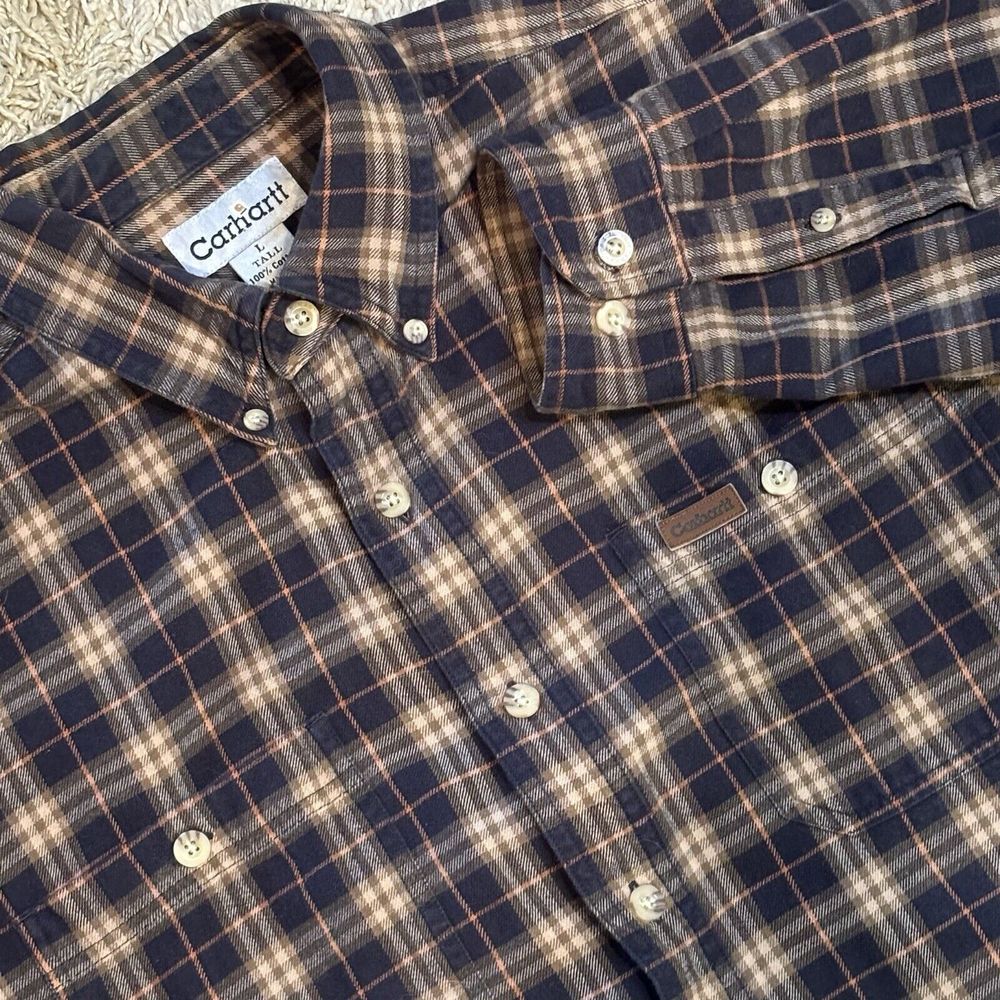Carhartt Rugged Midweight Flannel Shirt Large Tall‎ Brown Blue Plaid Button Down